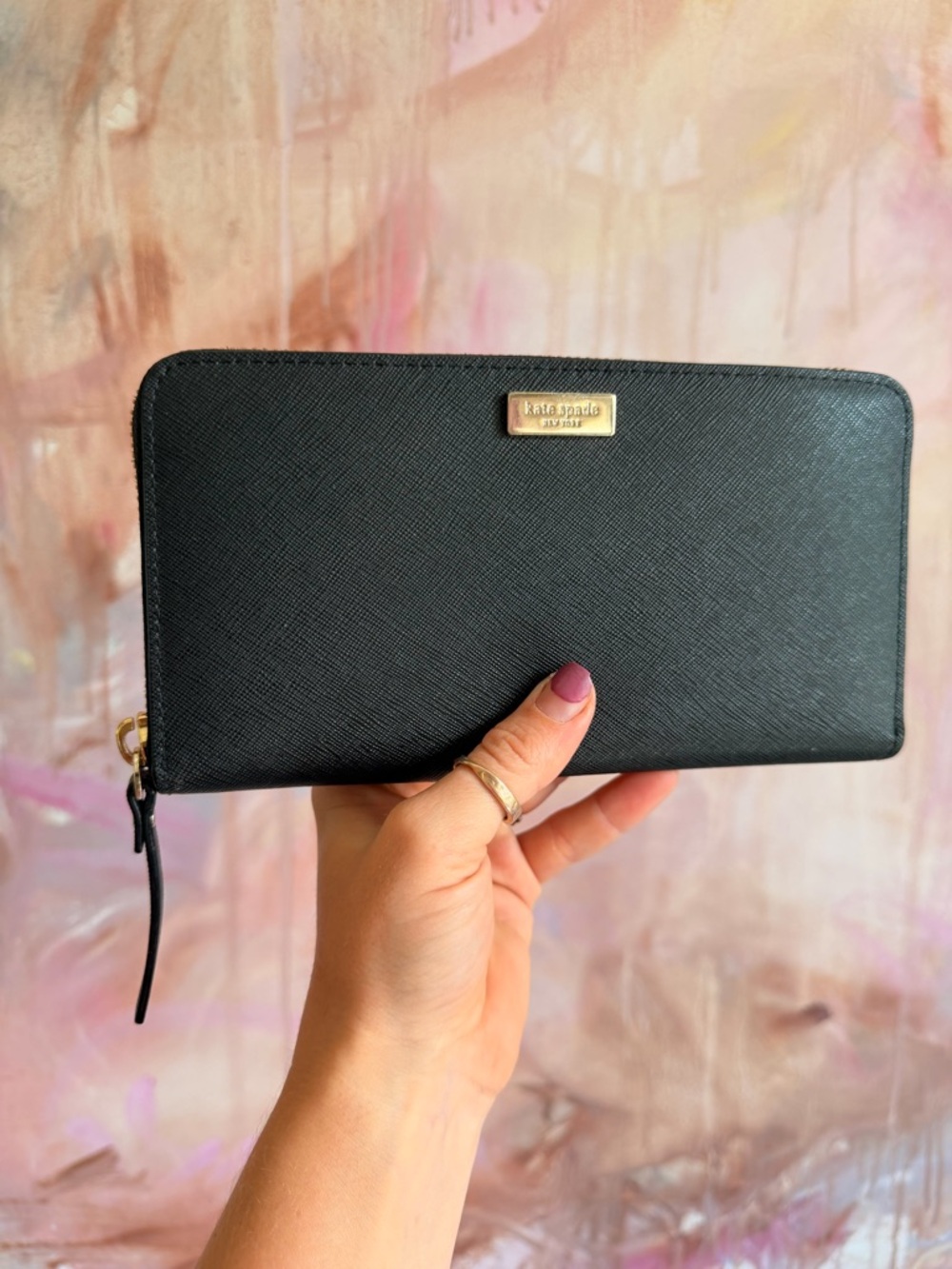 kate spade Black Zip Wallet with Gold Plaque